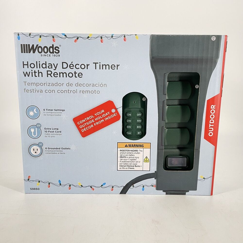 Woods 59850 Holiday Decor Timer Yard Stake Remote 10ft Cord 6 Grounded Outlets